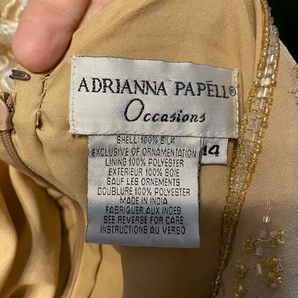 Adrianna Papell 100% Silk Beaded Gown Champagne Gold modest 14 formal cocktail - Picture 4 of 9